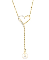 Effy Cultured Freshwater Pearl (6-1/2mm) & Diamond (1/6 ct. t.w.) Heart 18" Lariat Necklace in 14k Gold