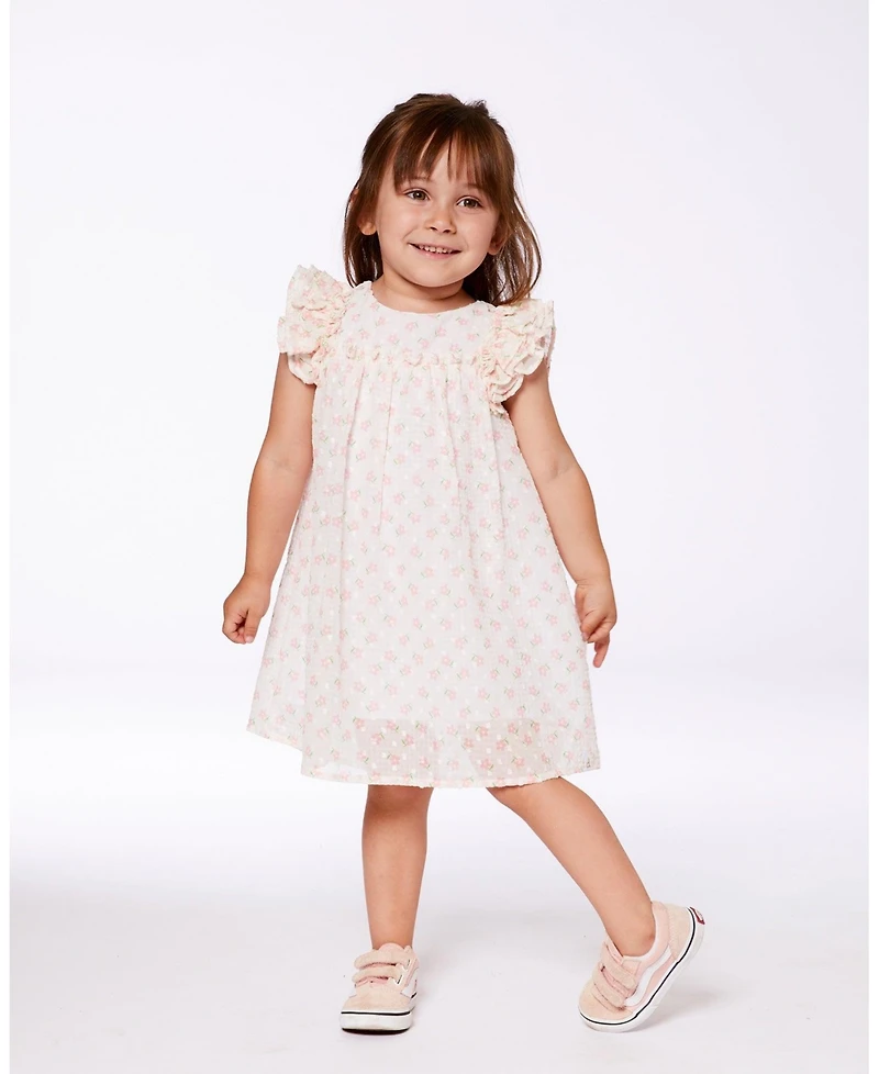 Deux par Deux Toddler Girls Printed Dress With Frills Pale Pink And Flowers - Toddler|Child