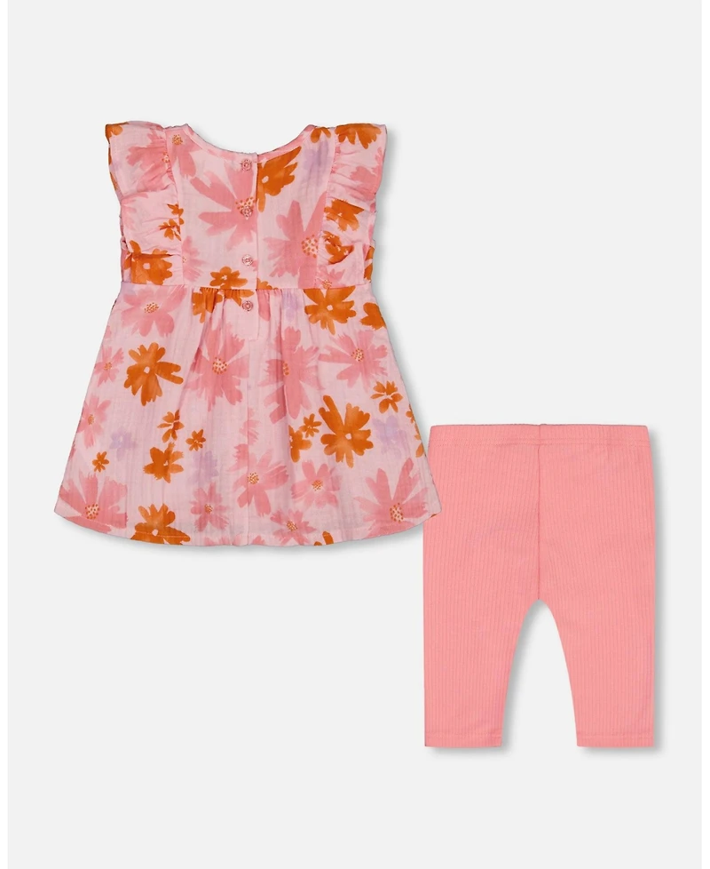 Deux par Deux Toddler Girls Printed Tunic And Solid Leggings Set Pink And Coral Flowers - Toddler|Child