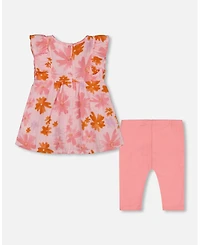 Deux par Deux Toddler Girls Printed Tunic And Solid Leggings Set Pink And Coral Flowers - Toddler|Child