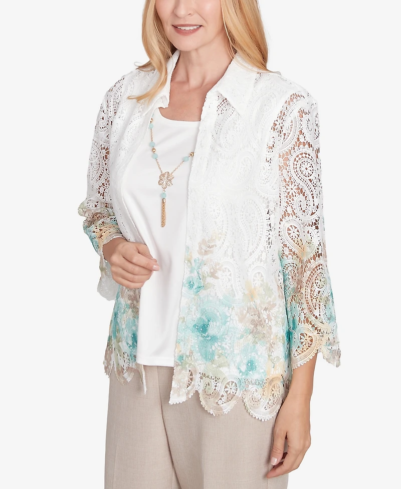 Alfred Dunner Petite Kensington Gardens Two in One Lace Floral Top with Necklace