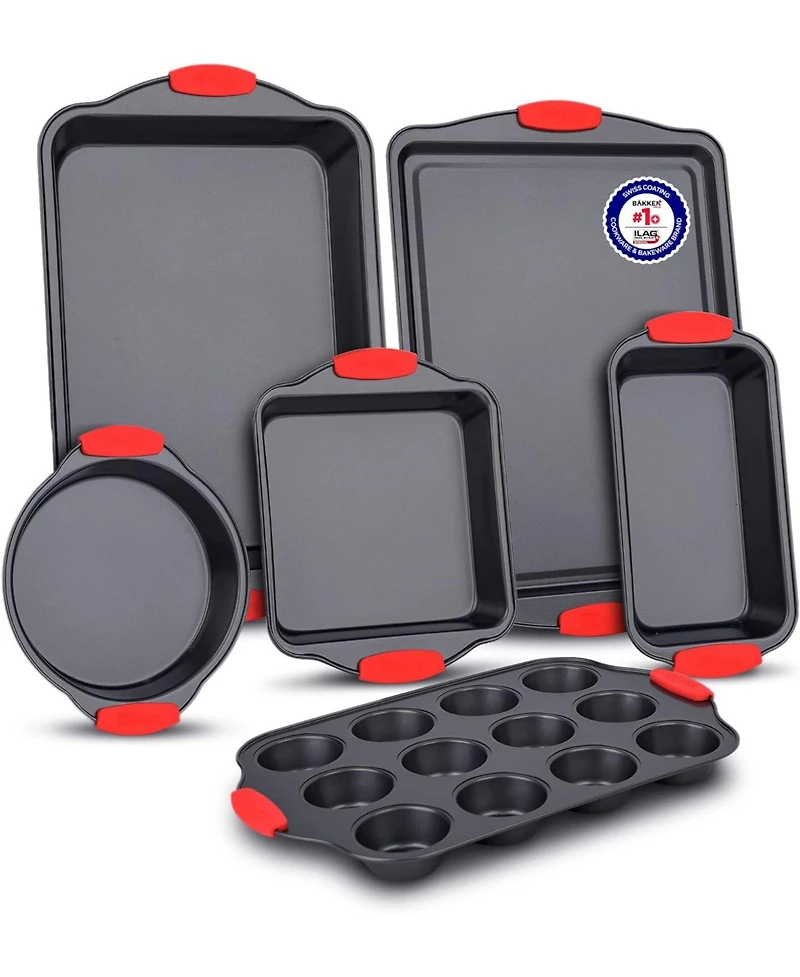 Baking Set – 6 Piece Kitchen Oven Bakeware Set – Deluxe Non-Stick Black Coating Inside and Outside – Carbon Steel – Red Si