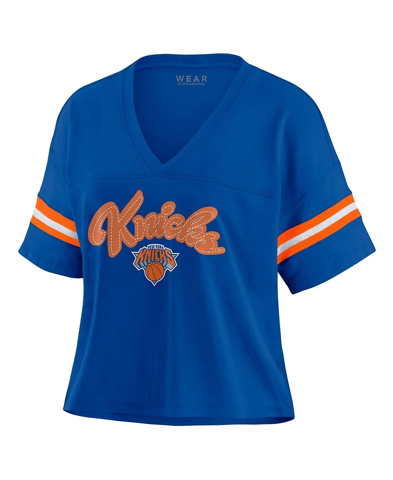 Wear by Erin Andrews Women's Blue New York Knicks Plus Color Block Boxy V-Neck T-Shirt