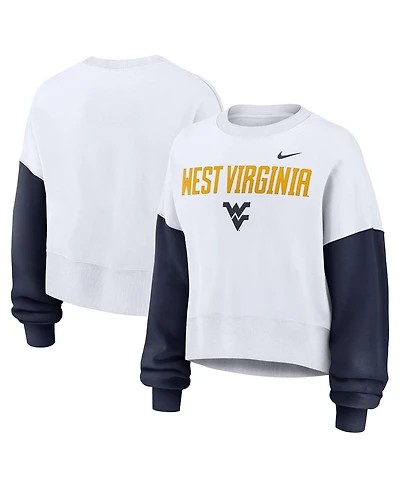 Nike Women's White West Virginia Mountaineers Color-Block Oversized Cropped Pullover Sweatshirt