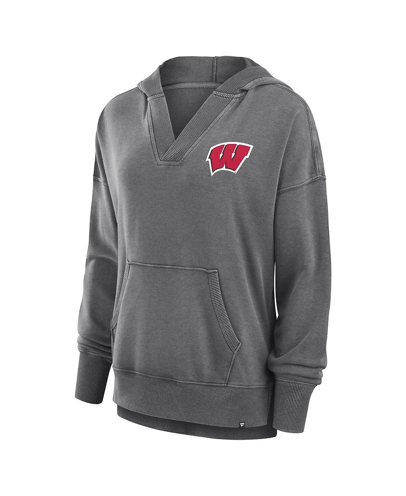 Fanatics Women's Heather Gray Wisconsin Badgers Initiative Snow Wash French Terry V-Neck Pullover Hoodie