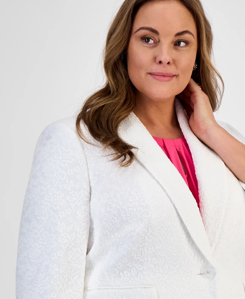 Kasper Plus Bonded-Lace Shawl-Collar 3/4-Sleeve Jacket