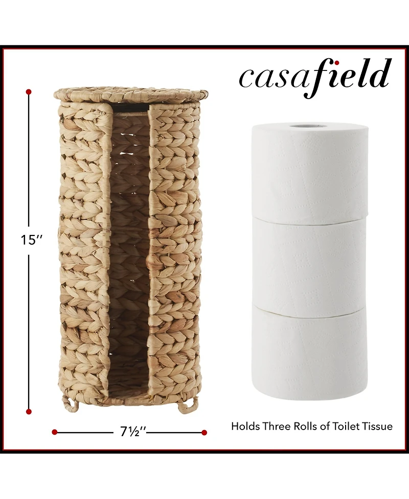 Casafield Toilet Paper Roll Holder with Lid - Espresso, Fits 3 Rolls, Free Standing Water Hyacinth Bath Tissue Storage Organizer for Bathroom