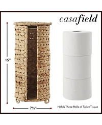 Casafield Toilet Paper Roll Holder with Lid - Espresso, Fits 3 Rolls, Free Standing Water Hyacinth Bath Tissue Storage Organizer for Bathroom