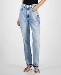 Guess Women's Flower-Trim High Rise Tapered-Leg Mom Jeans