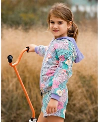 Deux par Deux Toddler Girls Printed French Terry Hoodie Cardigan Lilac Tropical And Pink Flamingos - Toddler|Child