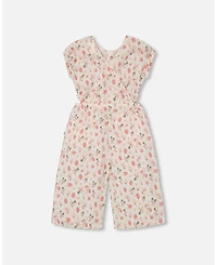 Deux par Deux Toddler Girls Printed Seersucker Jumpsuit With Cut Outs Pink Flowers On Cream Background - Toddler|Child