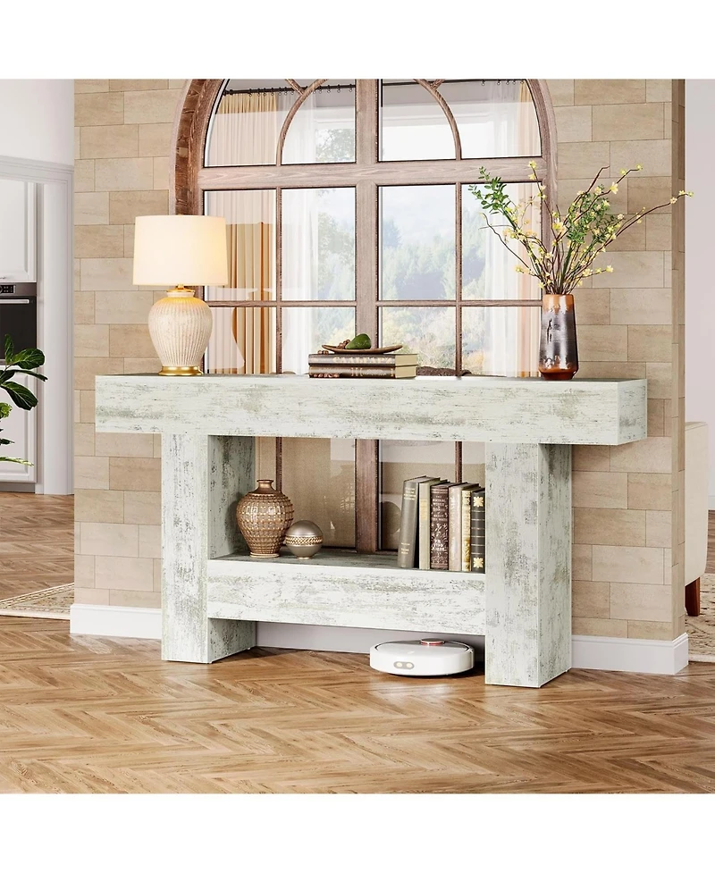 Tribesigns 63-Inch Long Console Table, Farmhouse Entryway Table with Storage, Rustic Wood Sofa Table Behind Couch Table, Distressed White