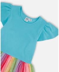Deux par Deux Big Girls Bi-Material Dress With Printed Mesh Skirt Multicolored
