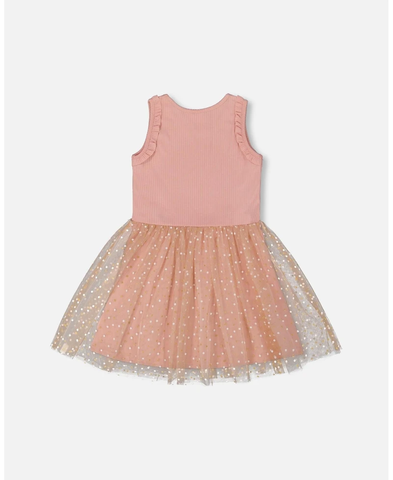 Deux par Big Girls Bi-Material Dress With Printed Dots On Mesh Skirt Warm Old Pink