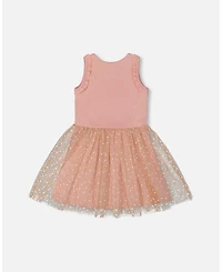 Deux par Big Girls Bi-Material Dress With Printed Dots On Mesh Skirt Warm Old Pink