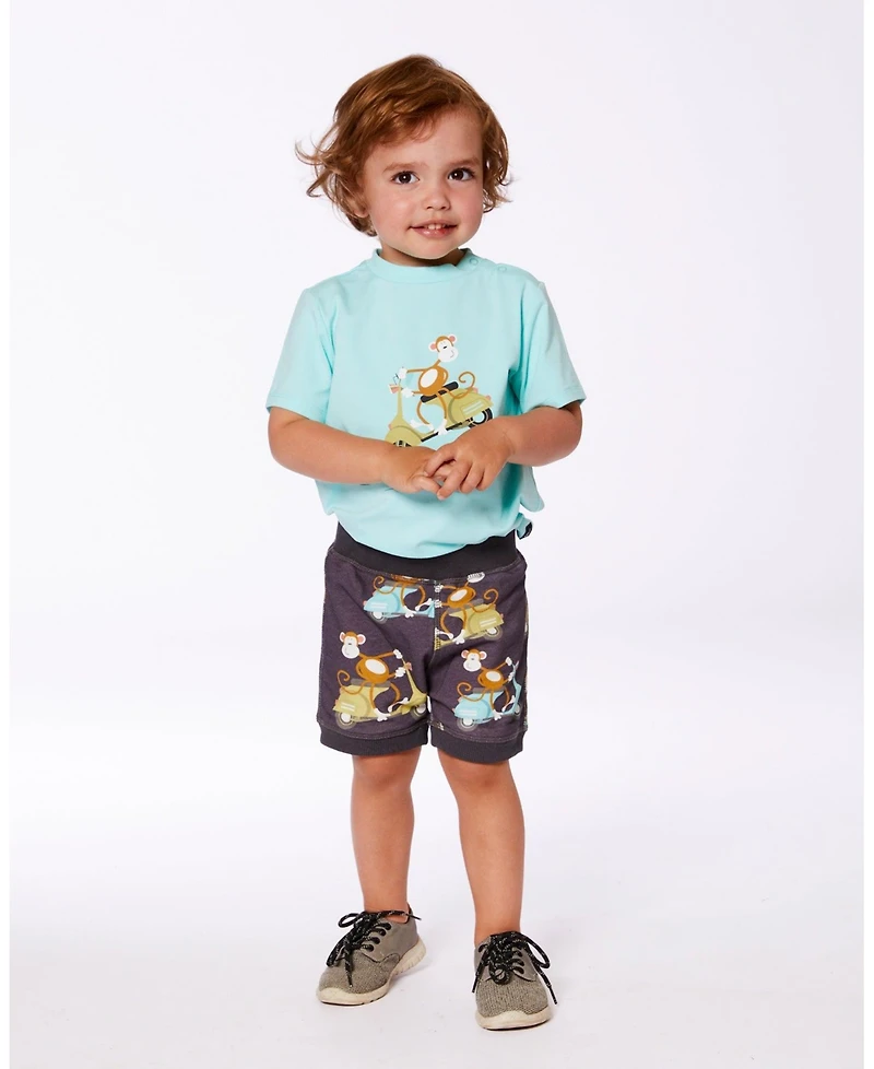 Deux par Deux Baby Boys Two-Piece Top And Short Set Monkey On Navy And Turquoise Moped