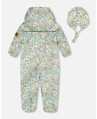 Deux par Deux Baby Girls Printed Mid-Season One-Piece Outerwear With Hat Small White Flowers On Turquoise And Lilac