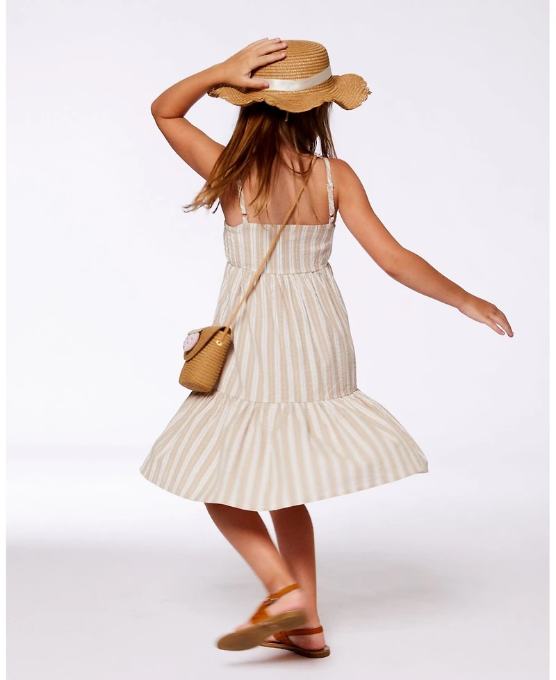 Deux par Deux Toddler Girls Sleeveless Linen Dress White And Sage Striped - Toddler|Child