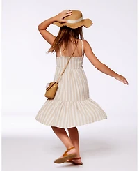 Deux par Deux Toddler Girls Sleeveless Linen Dress White And Sage Striped - Toddler|Child