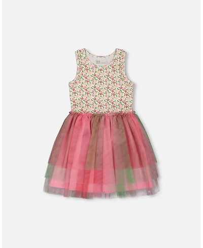 Deux par Deux Toddler Girls Bi-Material Cotton And Mesh Dress Small Flowers And Multicolored Gradient Skirt - Toddler|Child