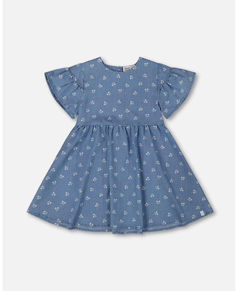 Deux par Deux Toddler Girls Printed Chambray Dress Blue And White Cherries - Toddler|Child