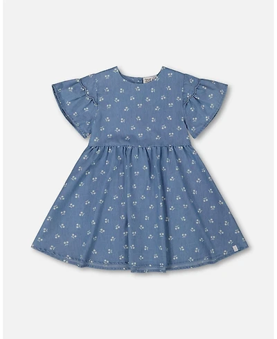 Deux par Deux Toddler Girls Printed Chambray Dress Blue And White Cherries - Toddler|Child