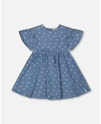 Deux par Deux Toddler Girls Printed Chambray Dress Blue And White Cherries - Toddler|Child