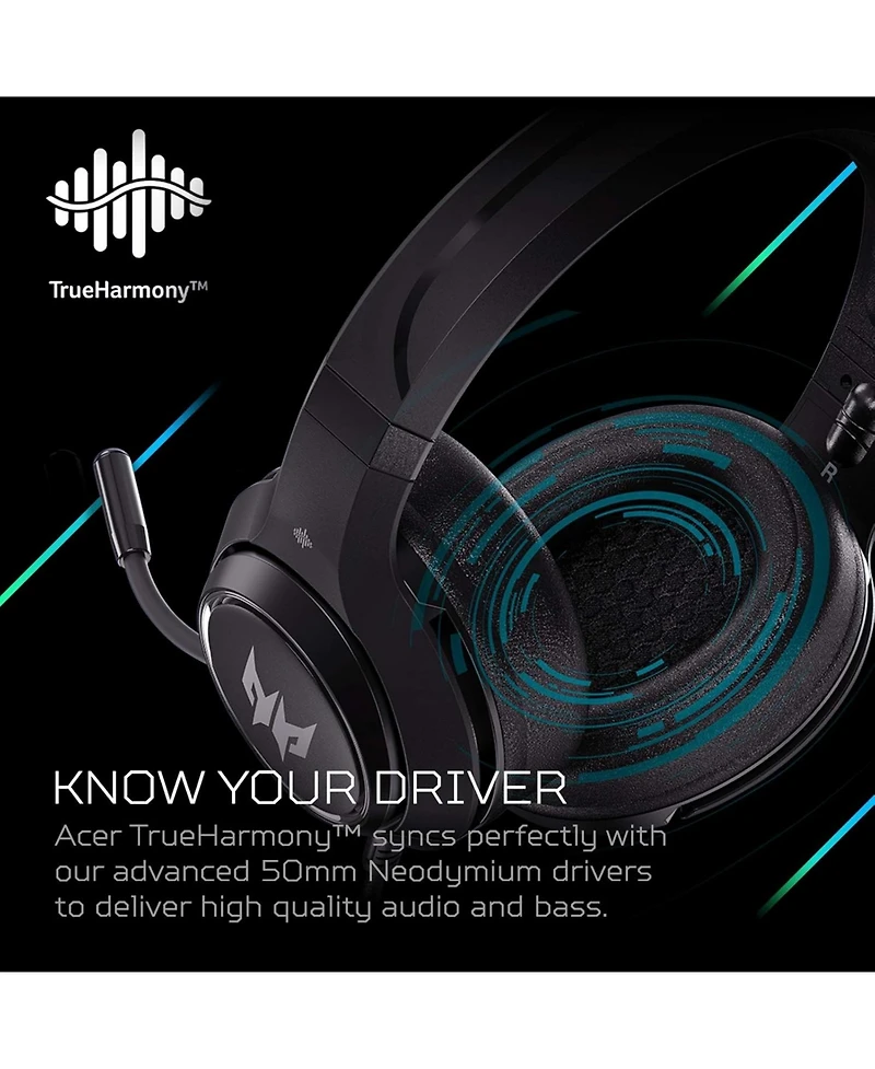 acer Predator Galea 350 Gaming Headset with 7.1 Surround Sound, Unidirectional Noise-Cancelling Mic, Compatible with Pc, Xbox One, PS4,Black