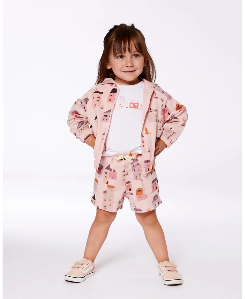 Deux par Deux Baby Girls Printed French Terry Hoodie Cardigan Pink And Coral Houses