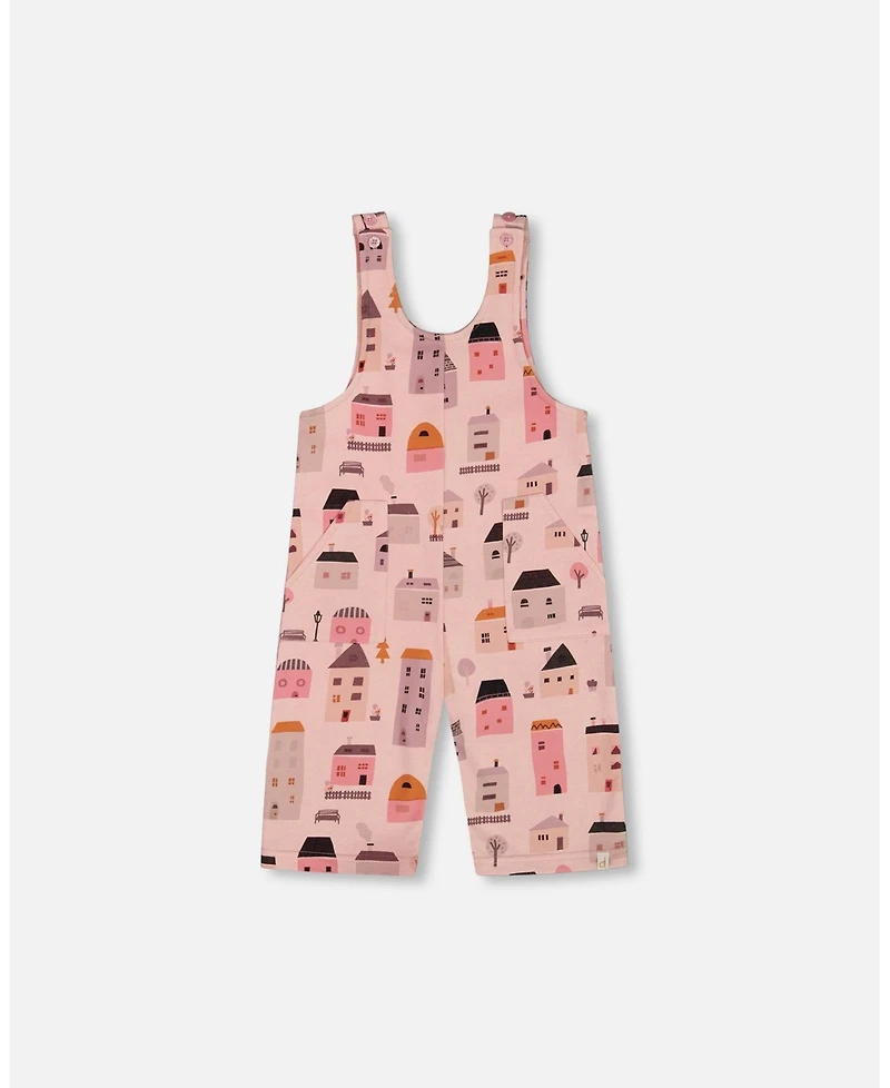 Deux par Deux Toddler Girls Printed French Terry Overalls Pink And Coral Houses - Toddler|Child
