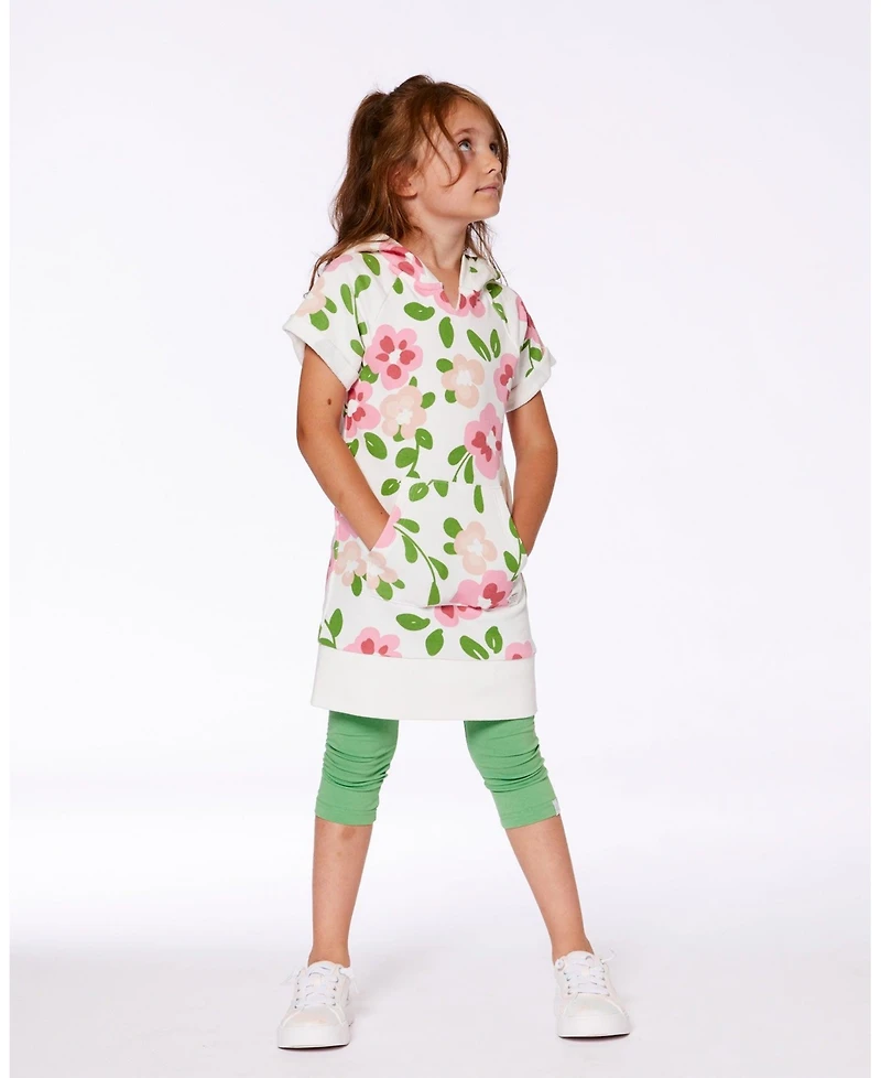 Deux par Deux Big Girls Printed French Terry Hooded Dress Pink Flowers On White Background