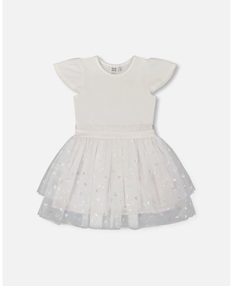 Deux par Deux Big Girls Bi-Material Dress With Glitter Hearts Skirt Snow White