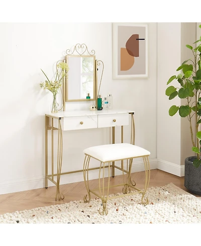 Vanity Mirror Table Set, Makeup Desk Vanity with Stool, Vintage Bedroom Vanity Lots Storage Dressing Table