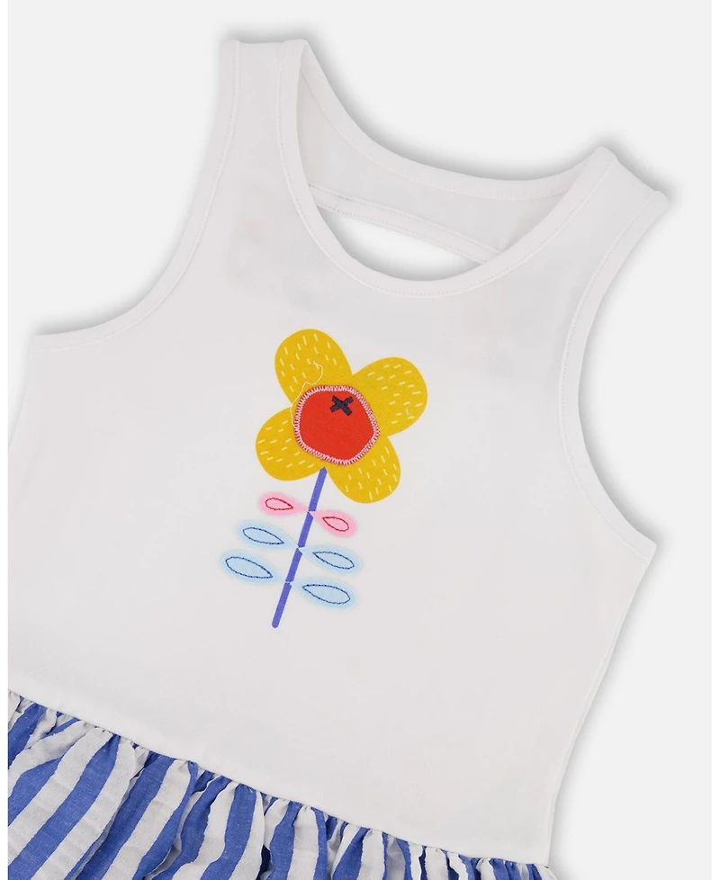 Deux par Deux Toddler Girls Bi-Material Cotton And Seersucker Dress White And Royal Blue - Toddler|Child
