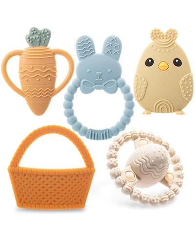 Sperric Toddler Easter Teether Set, Bunny, Carrot, Chicken, Rattle Egg & Basket Teething Toys Cute Teethers Gift Set