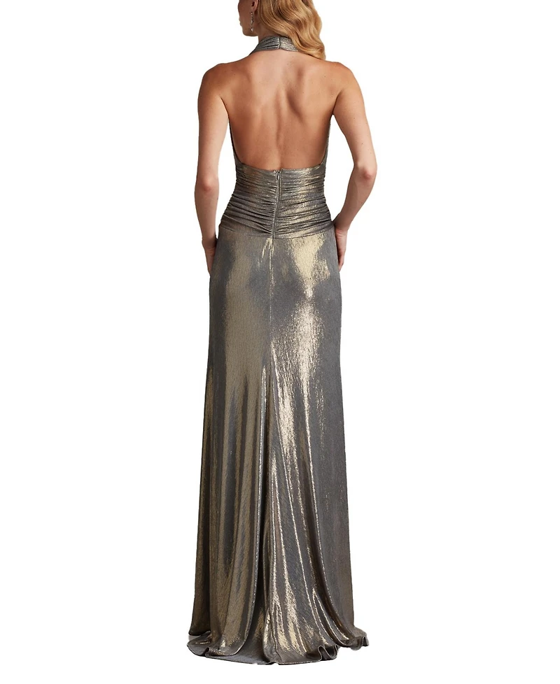 Tadashi Shoji Women's Mona Pleated Metallic Halter Gown