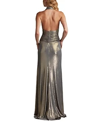 Tadashi Shoji Women's Mona Pleated Metallic Halter Gown