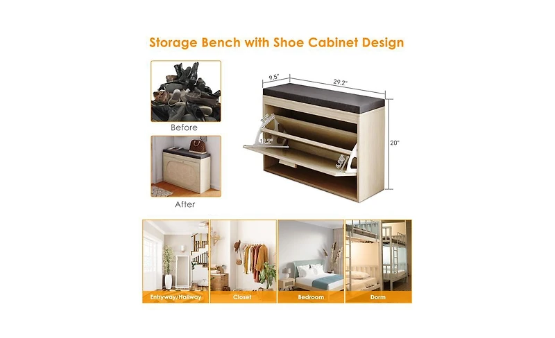 Flip-Drawer Shoe Storage Bench – Rattan Front Cabinet with Cushioned Seat for Entryway or Hallway