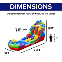 HeroKiddo Block Party Commercial Grade Inflatable Water Slide with Attached Pool / Drainage / Air Blower Included, Outdoor Indoor, Rental Quality, Big