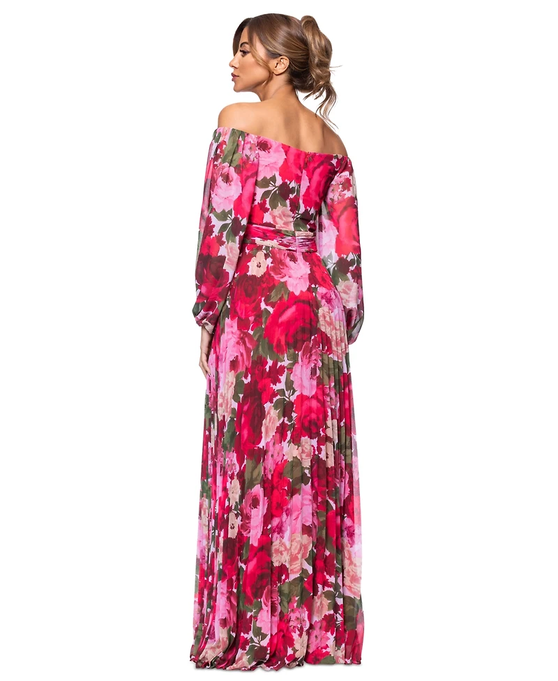 Xscape Petite Floral-Print Pleated Off-The-Shoulder Gown