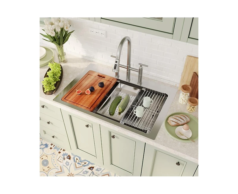 Casainc 33" L x 22" W Single Bowl Stainless Steel Drop-in Workstation Kitchen Sink with Accessories