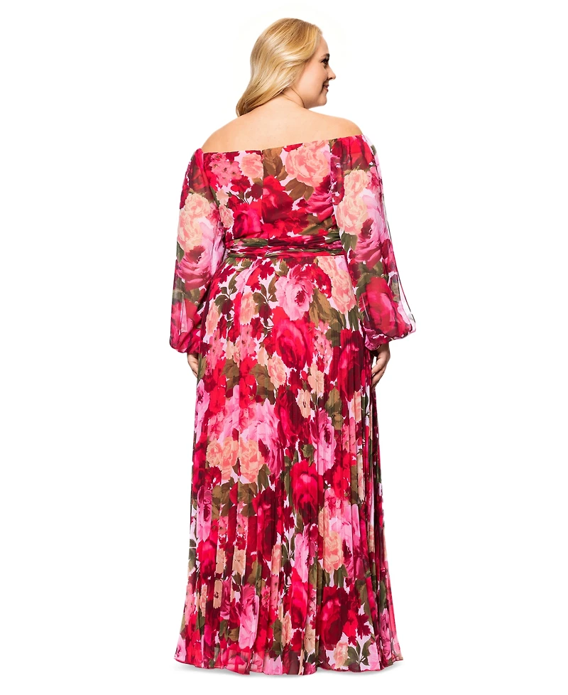 Xscape Plus Size Floral Off-The-Shoulder Pleated Gown