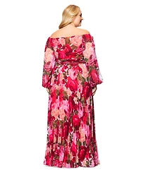 Xscape Plus Size Floral Off-The-Shoulder Pleated Gown
