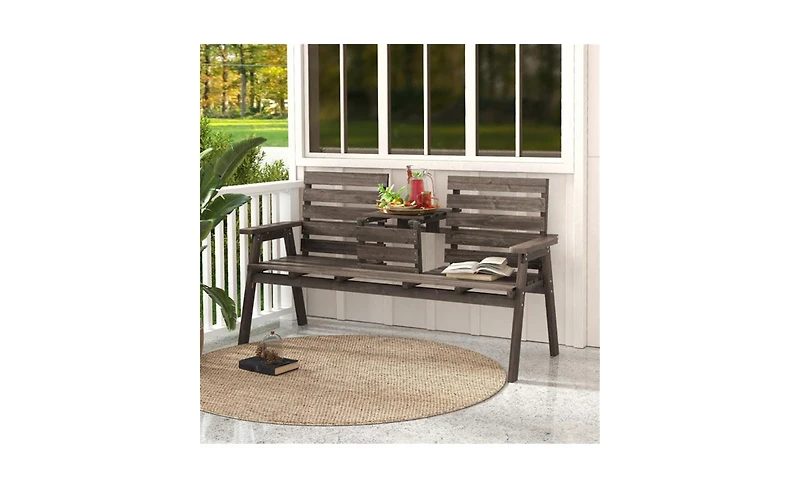 Wooden Bench with Foldable Middle Table for Outdoor Seating and Dining