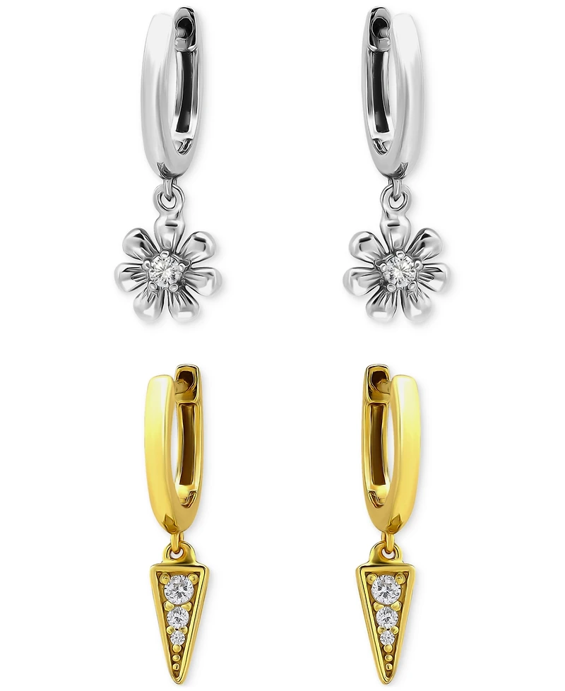 Giani Bernini 2-Pc. Set Cubic Zirconia Flower & Spike Charm Hoop Earrings (1/4 ct. t.w.) in Two-Tone Sterling Silver, Exclusively at Macy's
