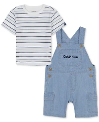 Calvin Klein Baby 2-Pc. Set Striped T-Shirt & Denim Cargo Shortall