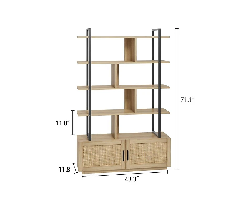 5 Tier Rattan Bookshelf with Storage Cabinet & Door, 71.1 Inch Tall Industrial Book Shelf with Open Display Shelves, 5 Shelf Bookcase with Metal Frame