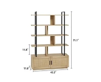 5 Tier Rattan Bookshelf with Storage Cabinet & Door, 71.1 Inch Tall Industrial Book Shelf with Open Display Shelves, 5 Shelf Bookcase with Metal Frame