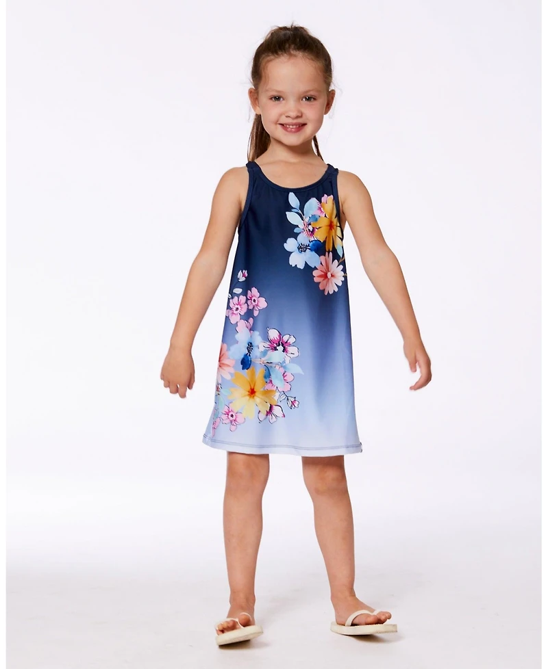 Deux par Deux Girls Printed Beach Dress Yellow, Pink Flowers On Navy Blue Background