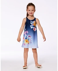 Deux par Deux Girls Printed Beach Dress Yellow, Pink Flowers On Navy Blue Background